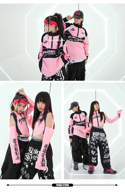 Hip Hop Dance Costume for Girls Pink Tops Black Pants Teenagers Boys Jazz Dance Performance Clothes Kpop Outfits Kids Stage Wear SS69