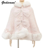 Godivana Lolita Faux Fur Cape Coat with Bow & Rhinestones