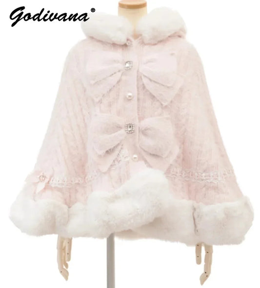 Godivana Lolita Faux Rabbit Fur Cape Coat with Rhinestone Bow and Hood