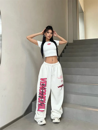 Korean Y2K Streetwear White Jogging Sweatpants Women Harajuku Sports Pants Oversized Hip Hop Letter Wide Leg Trousers - SS69