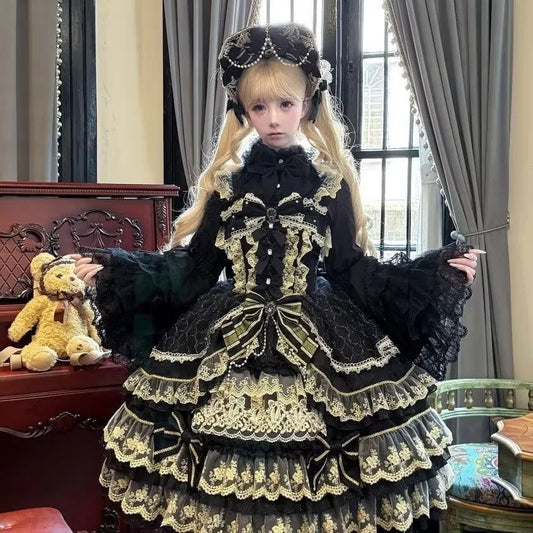 Victorian Gothic Dress Women Luxury Elegant Lolita Lace Ruffles Bow Wedding Y2k Dress Japanese Vintage Princess Party Dresses SS69