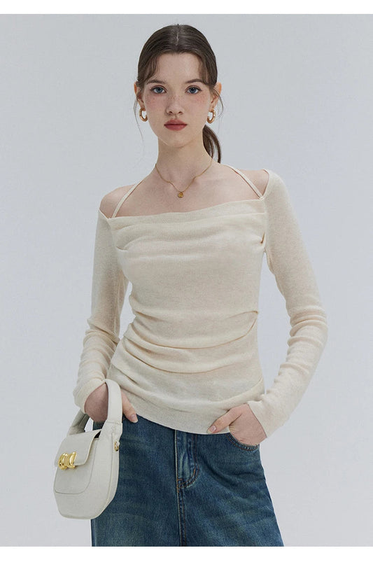 EGGKA Autumn One-shoulder Halter Neck Knitted Tops Women Slim Designer T-Shirts Slash Neck Long Sleeve Tops Korean Fashion Tees SS69