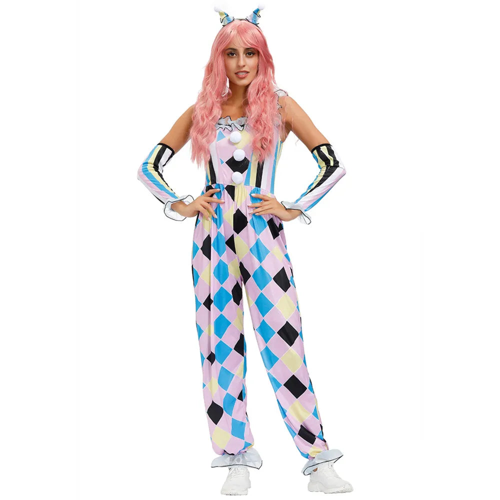 Women's Naughty Clown Costume Jumpsuit with Headwear & Gloves