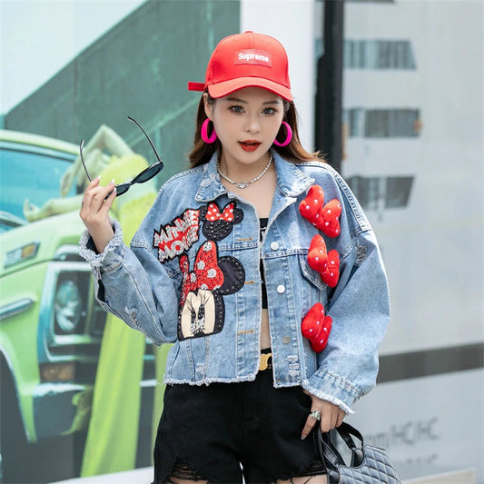 2024 New Women Coat Cartoon Sticker Embroidered Sequin Short Denim Jacket Loose Bowknot Top SS69 60.69 model 2 / One Size