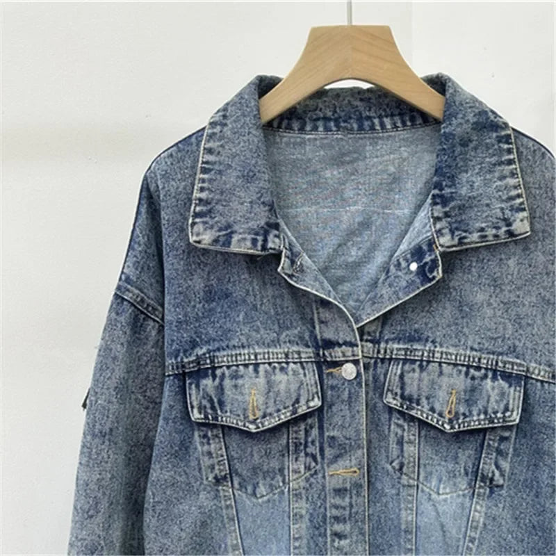 Streetwear Fashion Embroidery Sequins Denim Jacket Women Cowboy Outerwear Autumn Vintage Blue Big Pocket Jeans Jackets Female SS69