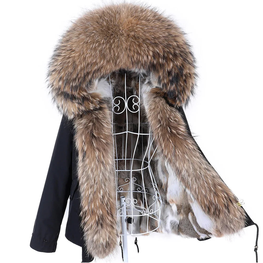 Maomaokong Winter Women Parka Cotton Jacket Real Fur Coat Natural Fox Fur Hooded Rabbit Fur Liner Thick Warm Outerwear Female