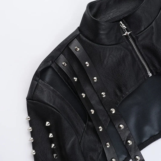 Punk Faux Leather Cropped Jacket Women Spring 2024 Streetwear Sexy Slim Fit Rivet PU Blouse Top