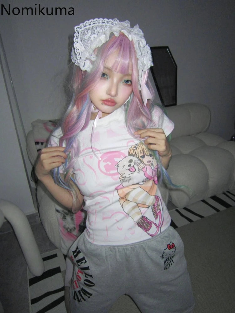 Japanese Camisetas Y2k Tshirts Crop Tops Women Clothing Short Sleeve O-neck Cute Tees Anime Print Casual Fashion Summer T-shirt SS69