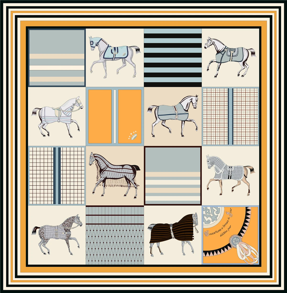 90cm Classic Checkered Horse Brand Square Scarf Women Twill Silk Scarf Shawl Hijab Luxury Bandana Foulard Neckerchief Head Scarf SS69 12.69 2390-21-3