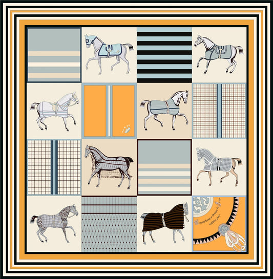 90cm Classic Checkered Horse Brand Square Scarf Women Twill Silk Scarf Shawl Hijab Luxury Bandana Foulard Neckerchief Head Scarf SS69 12.69 2390-21-3