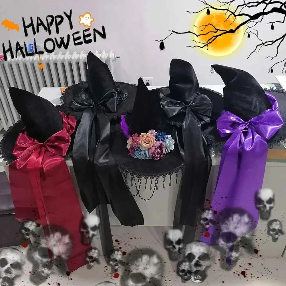 Handmade Lace Witch Pointed Hats Bandage Bow Wizard Hat Adult Gothic Lolita Cosplay Costume Halloween Party Bucket Hat