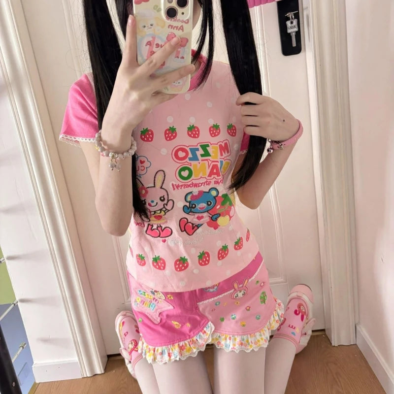 Y2k Aesthetics Cartoon Print Women T-shirt Japanese Kawaii E-girl Contrast Color Cute Strawberry Tees Fairy Grunge Tshirts Tops SS69