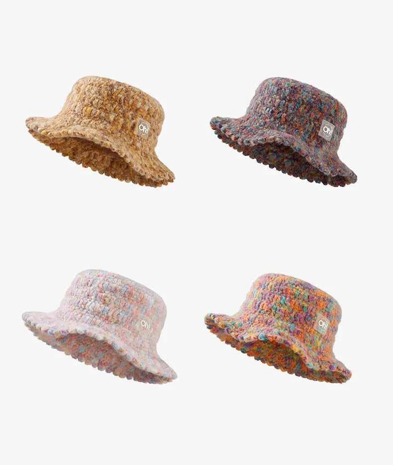 OhSunny Autumn Winter Wavy Brim Bucket Hats,Rainbow Cute Thermal Caps Women's Outdoor Warm Hand-knitted Fisherman Caps Packable