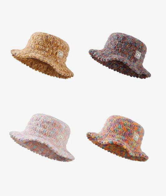 OhSunny Autumn Winter Wavy Brim Bucket Hats,Rainbow Cute Thermal Caps Women's Outdoor Warm Hand-knitted Fisherman Caps Packable