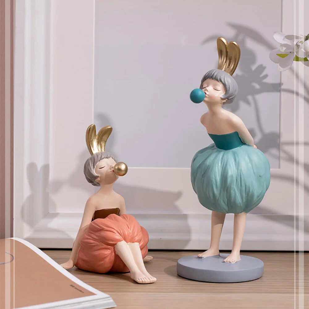 Bubble Gum Rabbit Girl Figurines, Modern Home Decoration,Party Decor, Sweet Gift for Girl,Lovely Room Ornaments,Birthday Present SS69