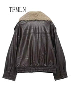 TFMLN 2025 Winter Women Loose Faux Leather Jacket Fashion Removed Big Fur Collar Causal Coat High Street Double Breasted Outwear
