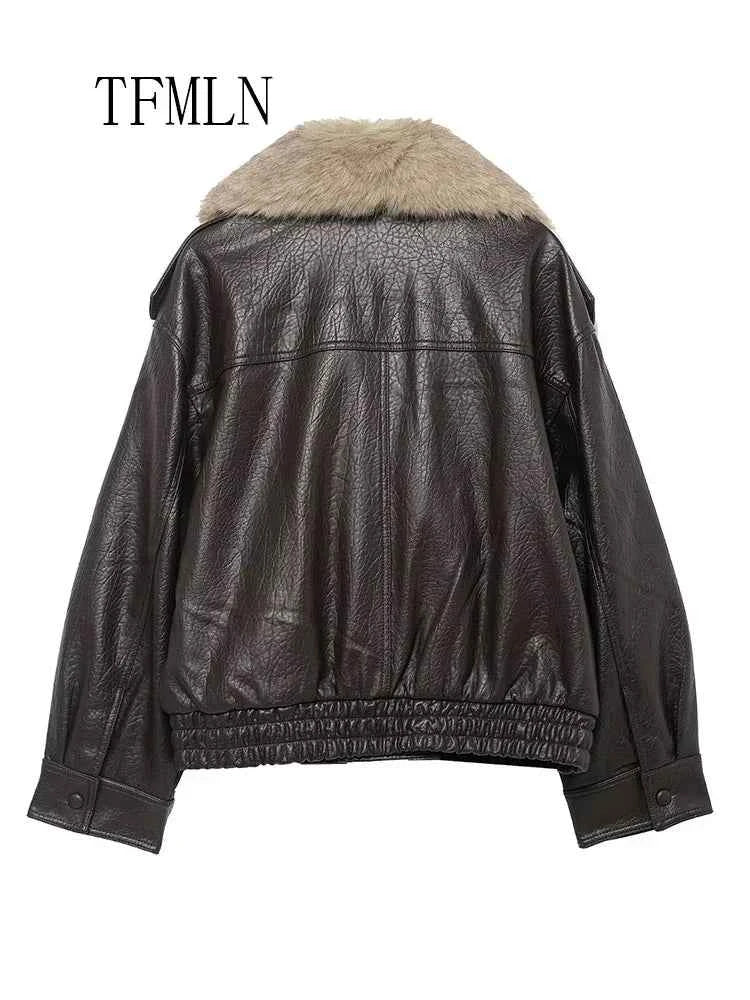 TFMLN 2025 Winter Women Loose Faux Leather Jacket Fashion Removed Big Fur Collar Causal Coat High Street Double Breasted Outwear