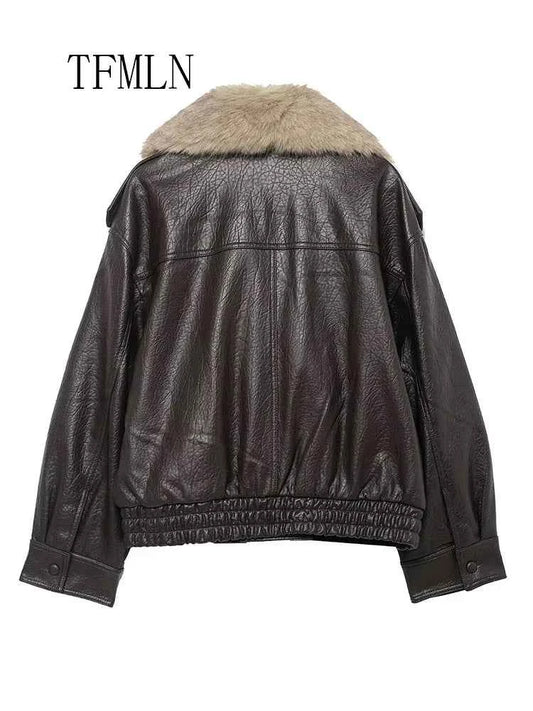 TFMLN 2025 Winter Women Loose Faux Leather Jacket Fashion Removed Big Fur Collar Causal Coat High Street Double Breasted Outwear
