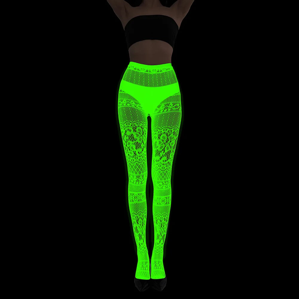 Women Glow in The Dark Fishnet Tight Rose Pattern Fishnet Tights Luminous Fishnet Halloween Party Festive Dress Up SS69