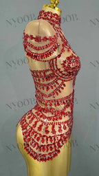 Sparkly Rhinestones Bodysuit Women Sexy Mesh Transparent Party Leotard Performance Dance Costume Singer Dancer Show Stage Wear