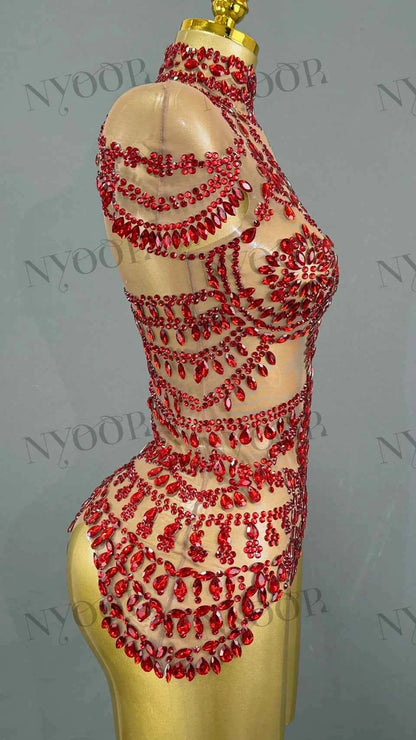 Sparkly Rhinestones Bodysuit Women Sexy Mesh Transparent Party Leotard Performance Dance Costume Singer Dancer Show Stage Wear