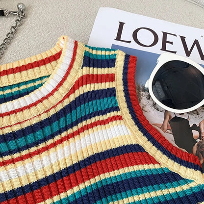 YuooMuoo Chic Fashion Knitted Tops Women 2025 Summer Y2K Rainbow Striped Slim Elastic Sleeveless Tank Tops Steetwear Lady Shirts SS69