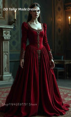 Vintage Baroque Evening Dresses Scoop Neckline Long Sleeves Satin Renaissance Prom Occasion Gown Masquerade Costume Customized