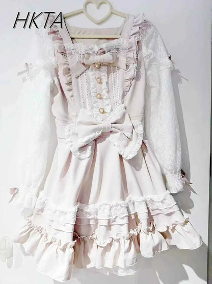 Japanese Liz Dresses Women Autumn New Girl's Sweet Cute Bud Mini Series Mass Production Angel Small Cake Dress Bow Lolita Dress
