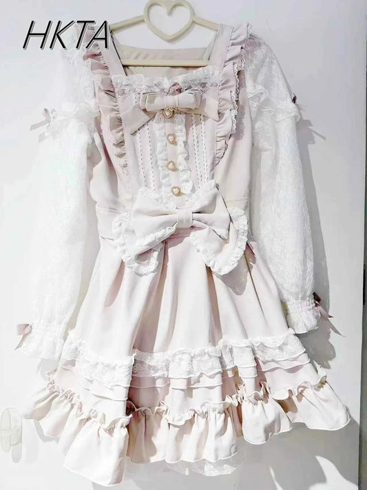 Japanese Liz Dresses Women Autumn New Girl's Sweet Cute Bud Mini Series Mass Production Angel Small Cake Dress Bow Lolita Dress