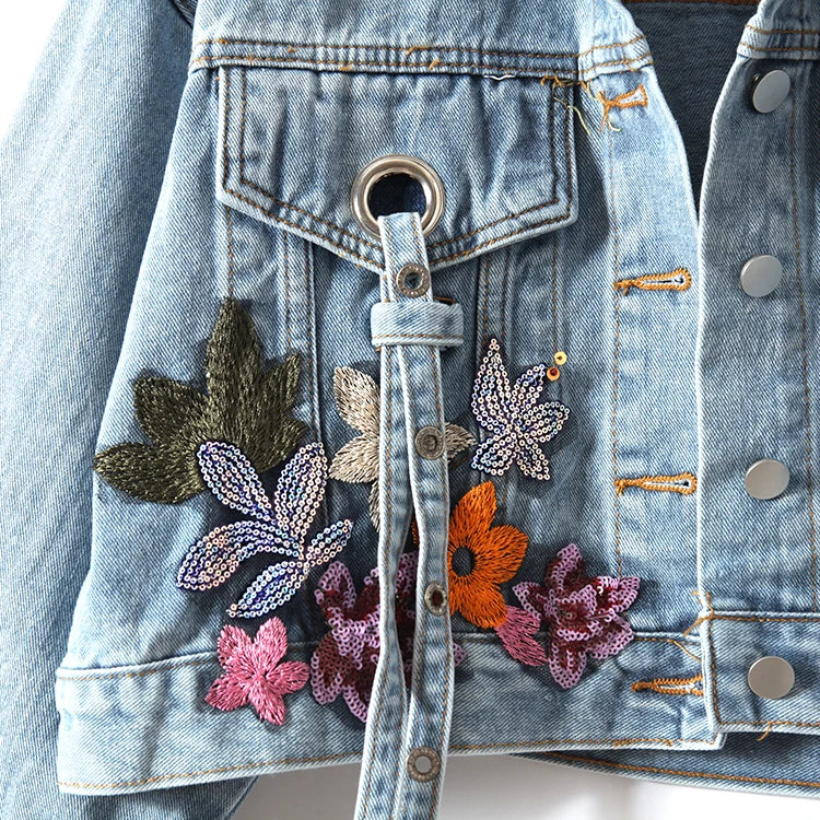 Women Flowers Embroidered Sequined Denim Jacket Spring Autumn Floral Beading Jeans Coat Ribbons Cowboy Cardigan Tops Chaquetas SS69