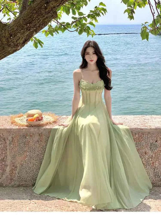 Summer Retro Purple Sexy Sleeveless Backless Ruffles Pleated Slip Dress French Women Green Elegant Party Evening Long Dress Chic