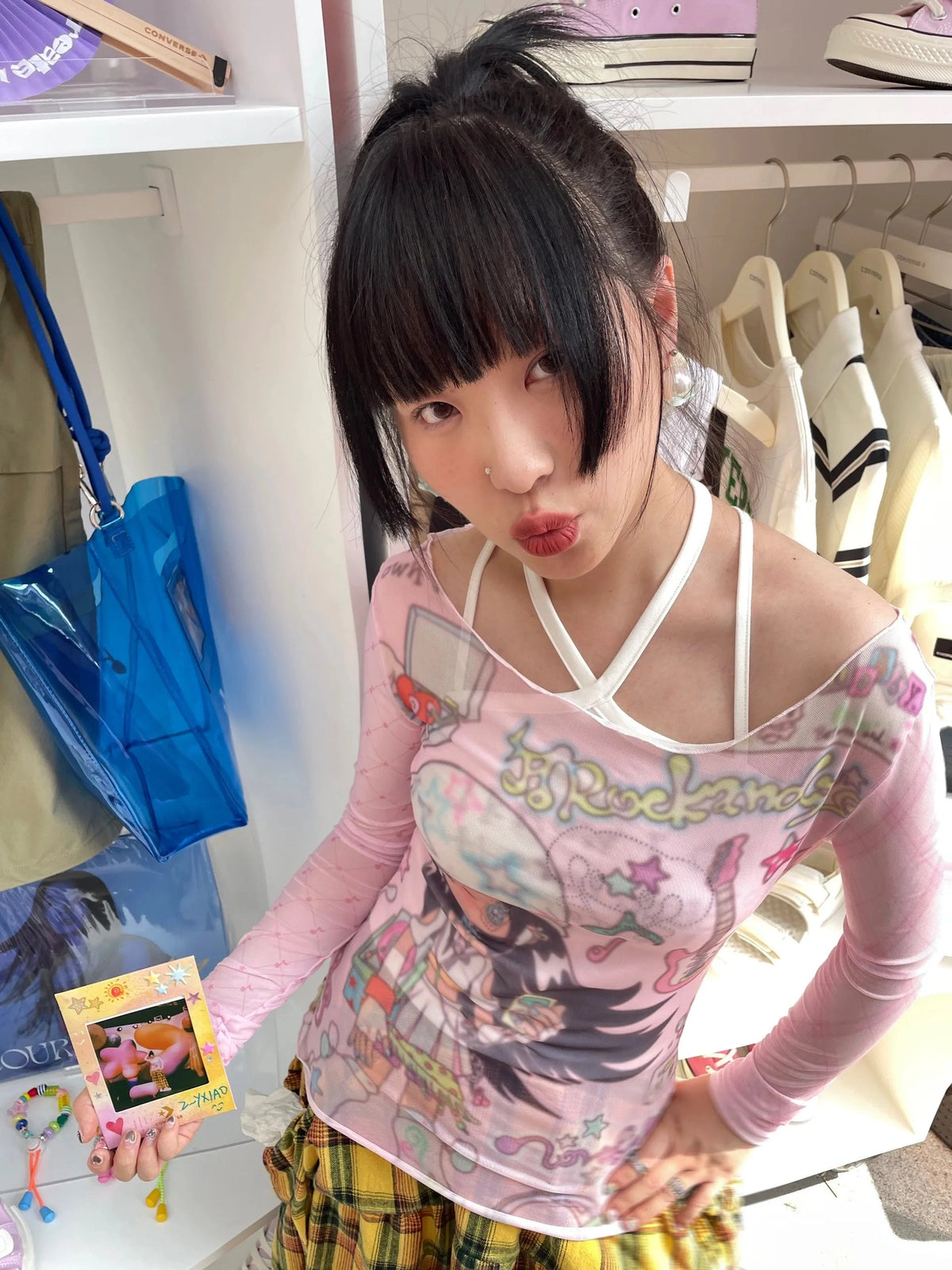 Karrram Japanese Y2k Anime Print Mesh Tops 2000s Aesthetics Pink Sheer Top Vintage Harajuku Kawaii See Through T-shirt Lolita SS69