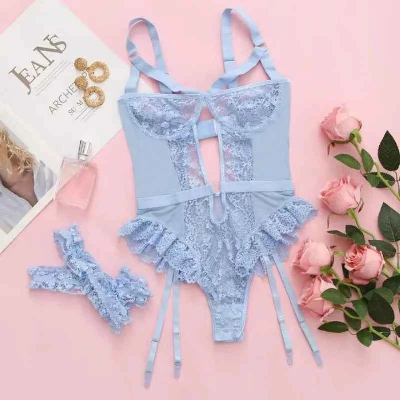 2pcs Red Floral Lace Garter Lingerie Set With Choker Women Intimates 2025 Underwire Bra And Thongs Ladies Underwear Set