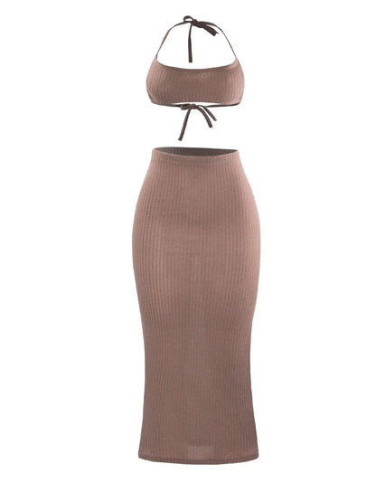 Women Long Skirt 2 Pcs Sets Sexy Strapless Tube Top Bodycon Maxi Skirts Y2k Two Piece Outfit Summer Clothing Beach Wear SS69 15.69 Brown / XS