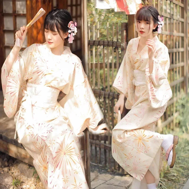 Women's Traditional Japanese Kimono Yukata Ankle-Length Floral Dress