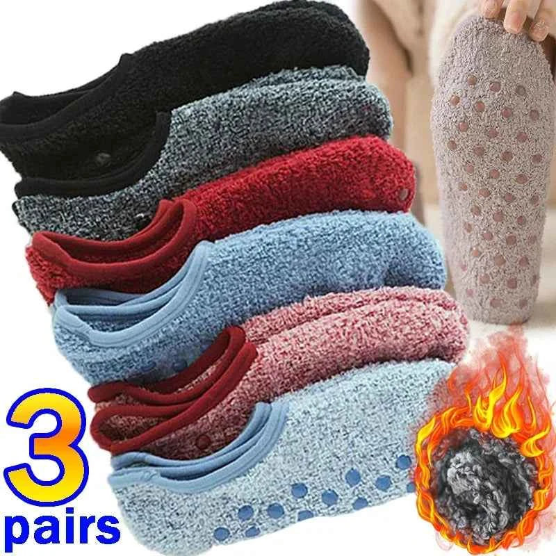 1/3Pairs Thickened Plush Socks Women Winter Warm Coral Fleece Sox Sleeping Slippers Silicone Non-slipInvisible Short Boat Socks