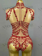 Sparkly Rhinestones Bodysuit Women Sexy Mesh Transparent Party Leotard Performance Dance Costume Singer Dancer Show Stage Wear