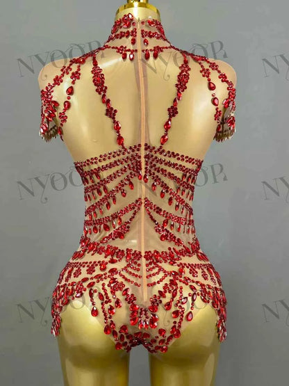 Sparkly Rhinestones Bodysuit Women Sexy Mesh Transparent Party Leotard Performance Dance Costume Singer Dancer Show Stage Wear