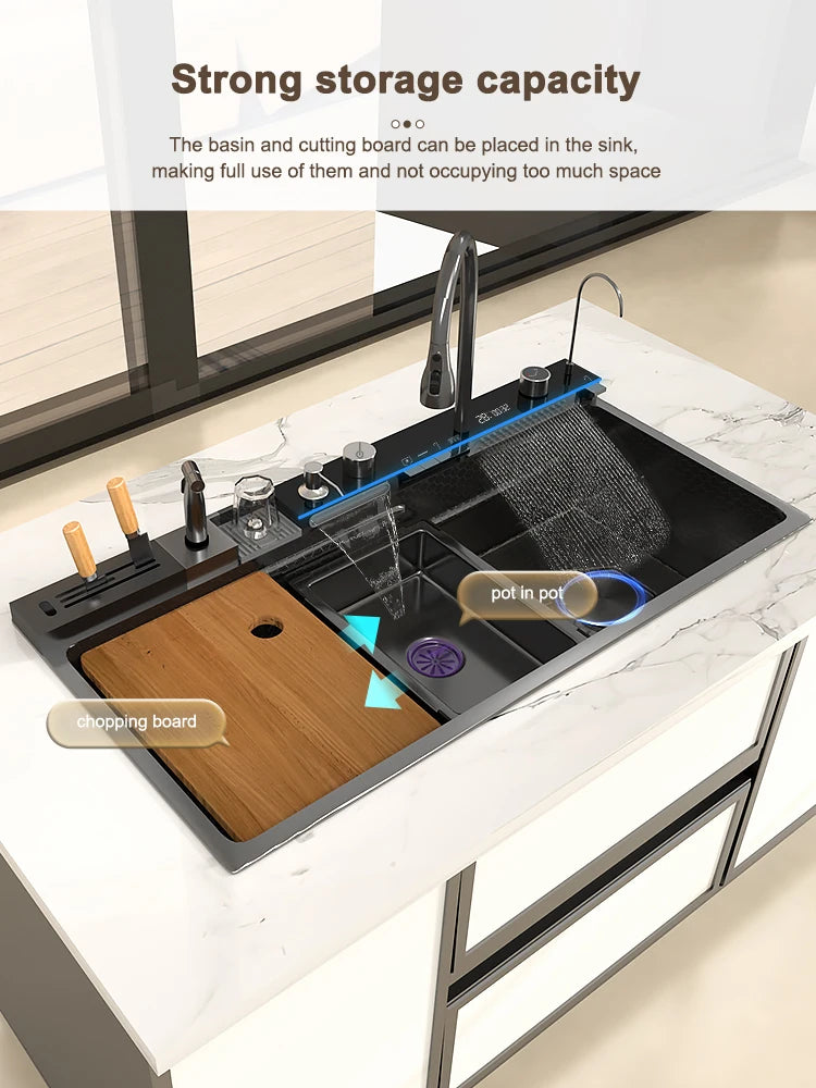 TELISIYAC Stainless Steel Waterfall Kitchen Sink - Large Single Bowl