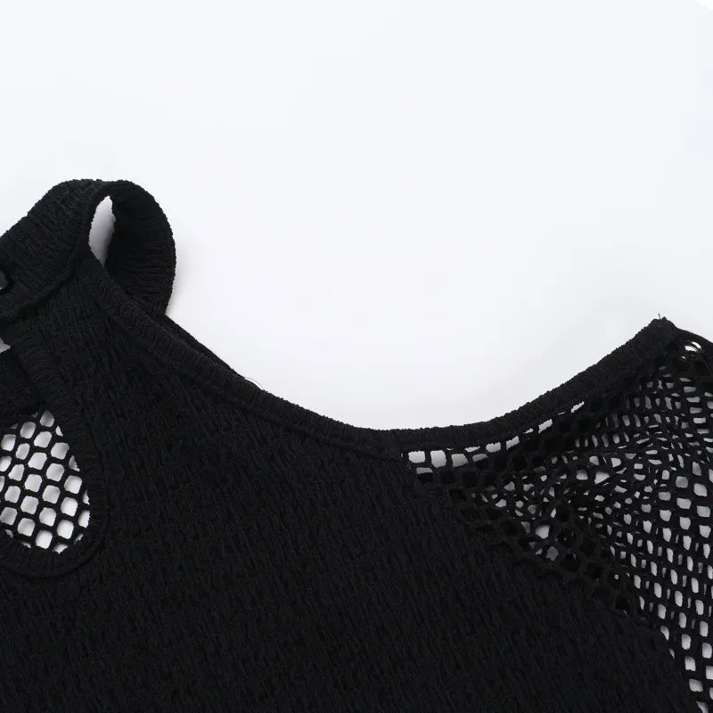 Goth Dark Fishnet Patchwork Off Shoulder Halter Top