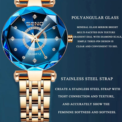 SENO Ocean Star Women Crystal Watch 2024 Top Brand Luxury Rose Gold Women Bracelet Watch for Ladies Wrist Watch Relogio Feminino SS69
