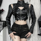 Punk Faux Leather Cropped Jacket with Rivets - Women's Streetwear