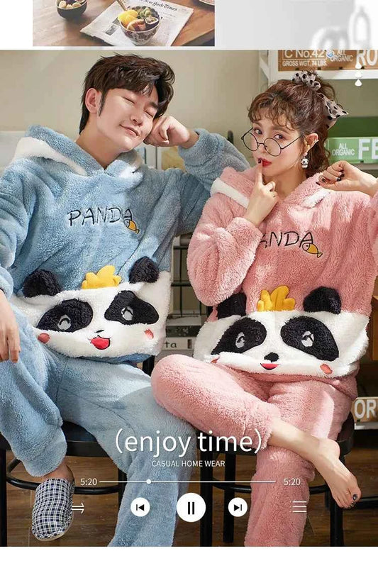 Adult Winter Thicken Sleepwear Pajamas Set Women Coral Fleece Pyjama Cartoon Deer Panda Hooded Homewear Loungewear Pijamas Suit