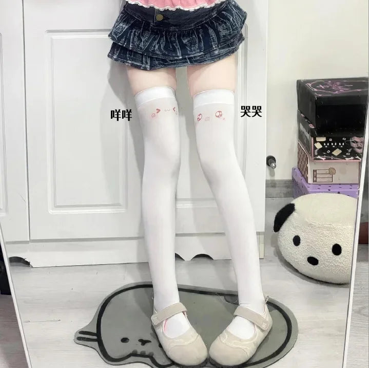 SS69 Japanese Kawaii Expression Thigh High Socks - White Plaid Over Knee
