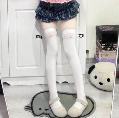 SS69 Japanese Kawaii Expression Thigh High Socks - White Plaid Over Knee