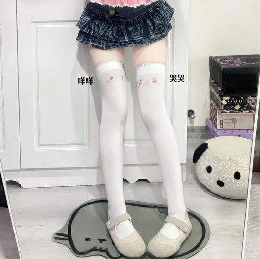 SS69 Japanese Kawaii Expression Thigh High Socks - White Plaid Over Knee