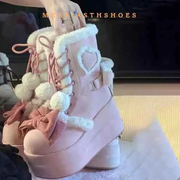 pink Sweet Winter Girls Lolita Mid-Calf Snow Boots,Cute Female Students Plush Warm Bowknots Lace Up Wedge Heel Heightening Shoes