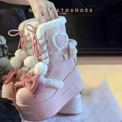 pink Sweet Winter Girls Lolita Mid-Calf Snow Boots,Cute Female Students Plush Warm Bowknots Lace Up Wedge Heel Heightening Shoes