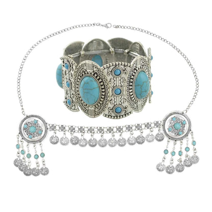 Traditional Kazakhstan Ethnic Coins Bracelet Hair Accessories  for Women Vintage Nepalese Tibetan Clothing Headwear Jewelry Set