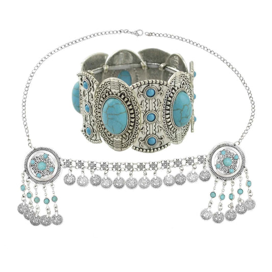 Traditional Kazakhstan Ethnic Coins Bracelet Hair Accessories  for Women Vintage Nepalese Tibetan Clothing Headwear Jewelry Set